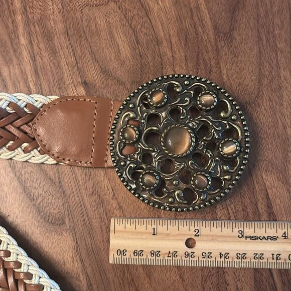 Coldwater Creek Brown and Cream Braided Belt with Ornate Buckle - M